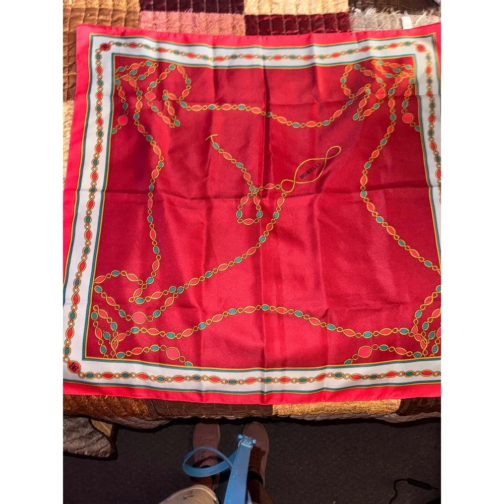 Borelli Italy Red Square Scarf Chain Link Equestrian Print Polyester Neckerchief